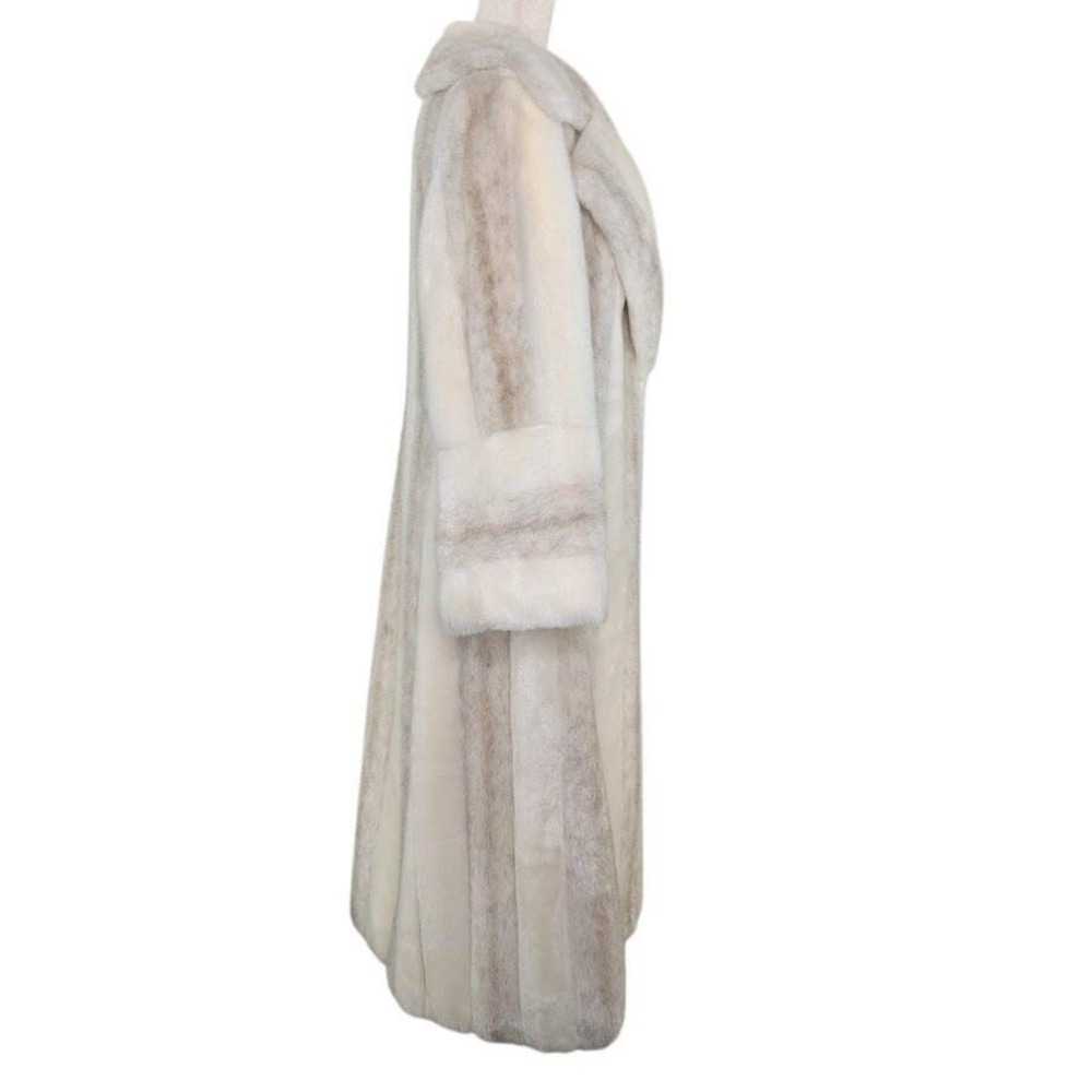 Vintage Faux Fur Long Coat Cream Gray Striped Oversized M/L Mob Wife Maximalist - Picture 3 of 13